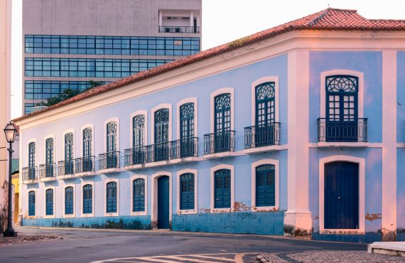 Charming colonial blue building with classic architecture in Maranhão, Brazil, during the evening light.